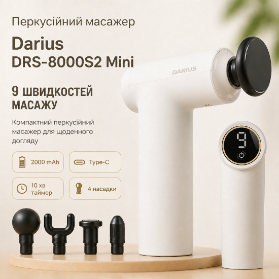 Перкусійний масажер Darius DRS-8000S2 Mini – портативний масажний пістолет з 9 швидкостями та зміною частоти